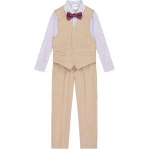 imageCalvin Klein Boys 4Piece Formal Suit Set Vest Pants Collared Dress Shirt and TieKhaki Sharkskin