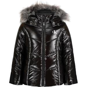 imageCalvin Klein Girls Hooded Winter Puffer Jacket FullLength Heavyweight Coat with Fleece LiningBlack Logo Tape