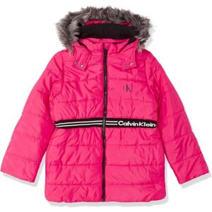 imageCalvin Klein Girls Hooded Winter Puffer Jacket FullLength Heavyweight Coat with Fleece LiningRasberry Logo Waist