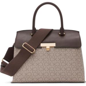 imageCalvin Klein Womens Becky Turn Lock Satchel  2 in 1 Vegan Leather 3 PocketsAlmondTaupeJava