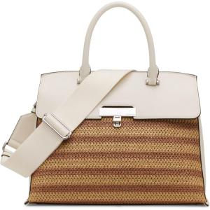 imageCalvin Klein Womens Becky Turn Lock Satchel  2 in 1 Vegan Leather 3 PocketsNaturalWhite Straw