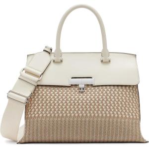 imageCalvin Klein Womens Becky Turn Lock Satchel  2 in 1 Vegan Leather 3 PocketsNeutralWhite Woven