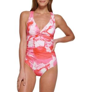 imageCalvin Klein Womens Standard Vneck Twist Front Tummy Control One Piece SwimsuitPink Energy Multi