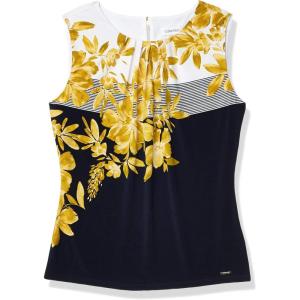 imageCalvin Klein Womens Pleat Neck Sleeveless BlouseNavyOchre