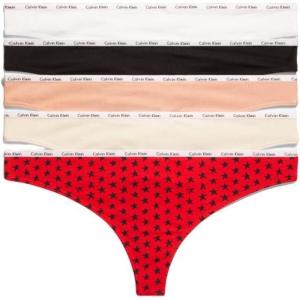 imageCalvin Klein Womens Signature Cotton Logo Stretch Thong Panties MultipackStar Stamp ExactTapiocaGentleBlackWhite